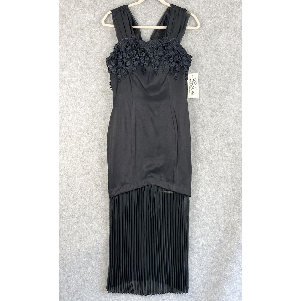 VTG Celavie Dress Womens 9/10 Black Floral Applique Pleated Fairygoth 80s NWT